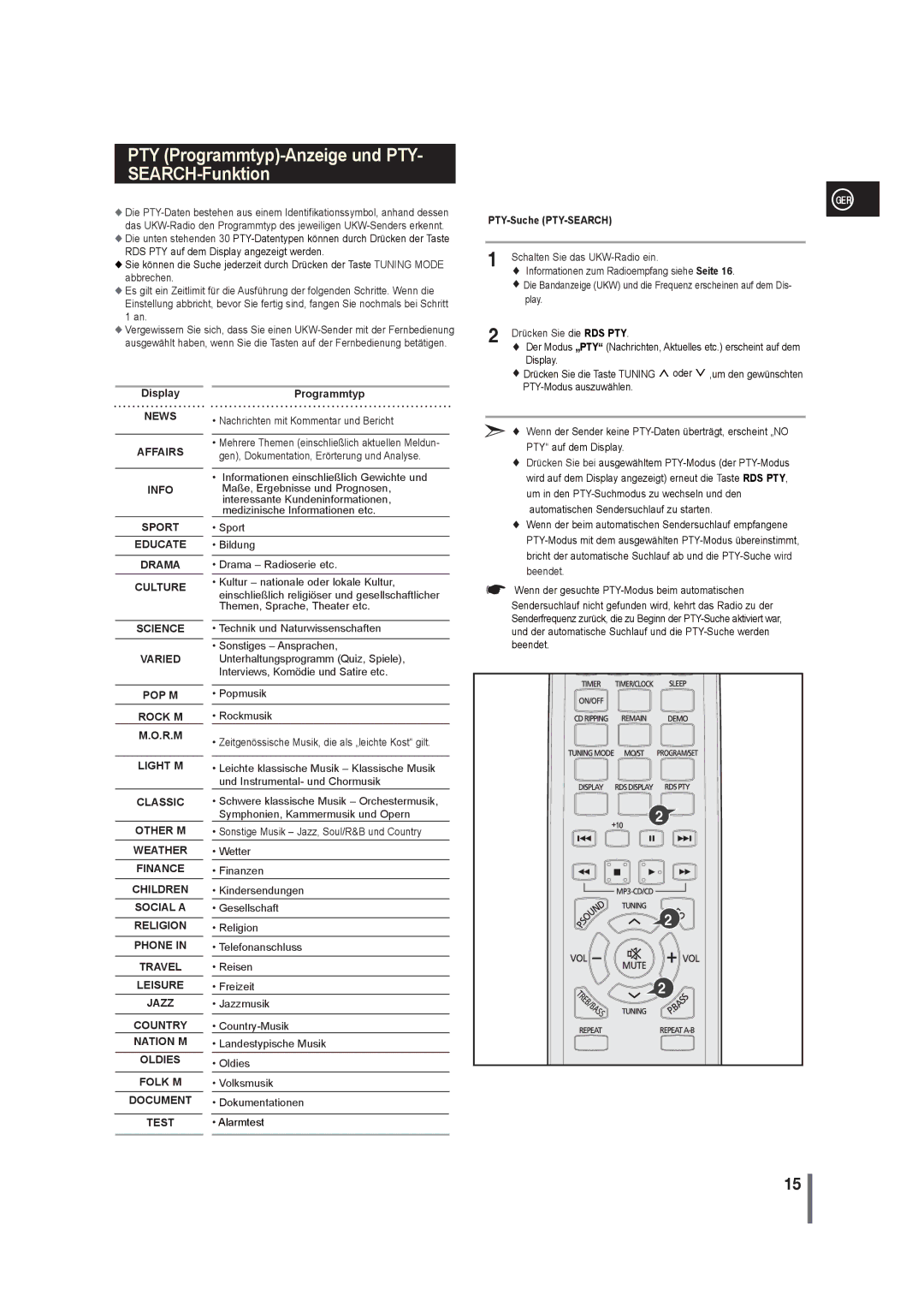 Samsung MM-G25R/EDC manual PTY-Suche PTY-SEARCH, Display, Programmtyp 