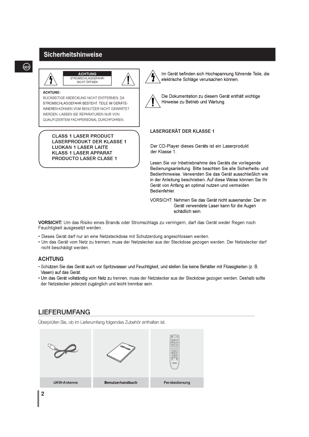 Samsung MM-G25R/EDC manual Sicherheitshinweise, UKW-Antenne, Fernbedienung 