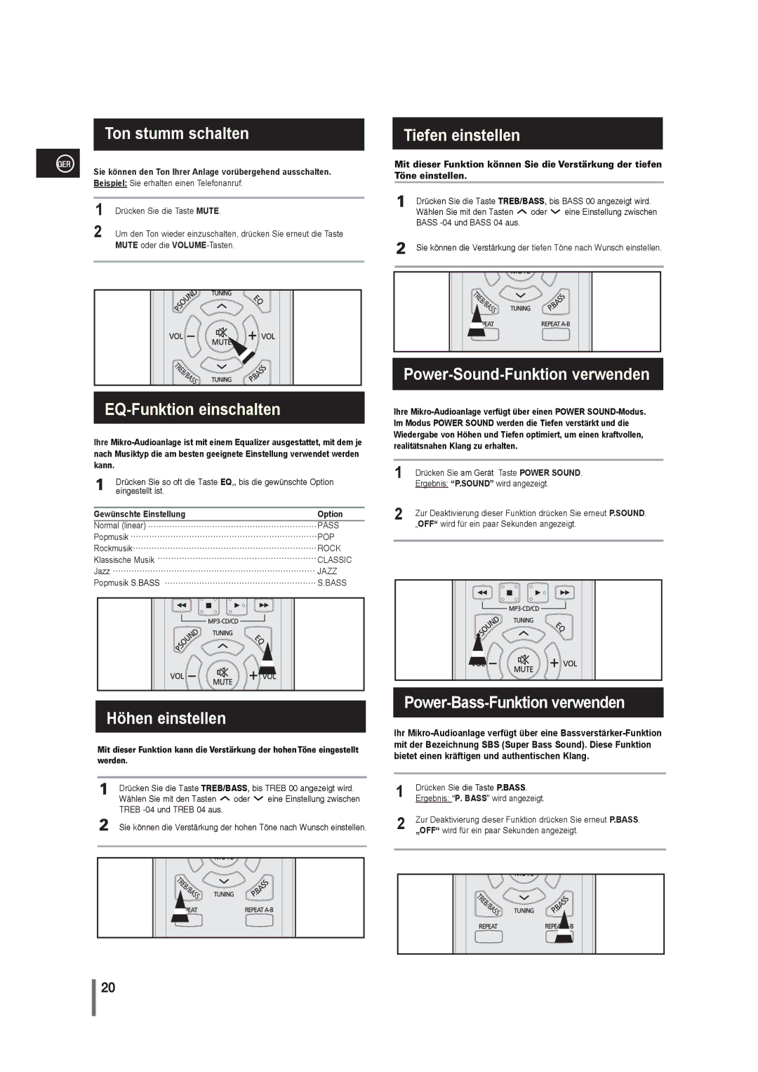 Samsung MM-G25R/EDC manual Power-Sound-Funktion verwenden, Höhen einstellen, Gewünschte Einstellung Option 