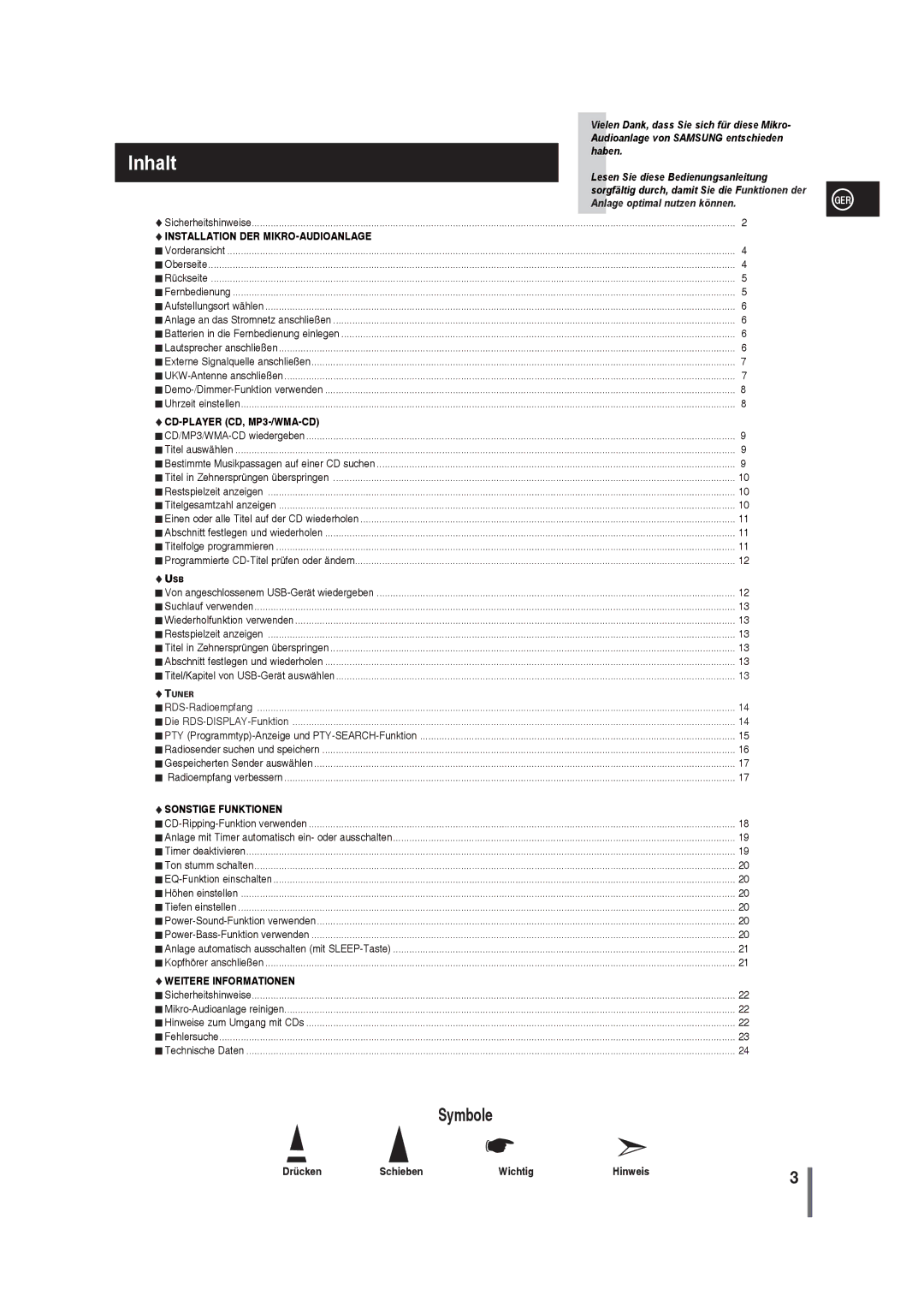 Samsung MM-G25R/EDC manual Inhalt, Anlage optimal nutzen können 