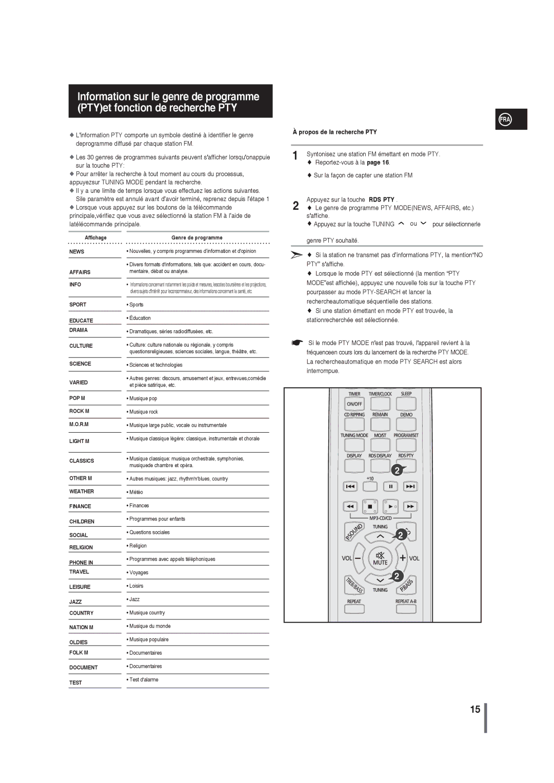 Samsung MM-G25R/XEF manual Propos de la recherche PTY, Syntonisez une station FM émettant en mode PTY, Reportez-vous à la 