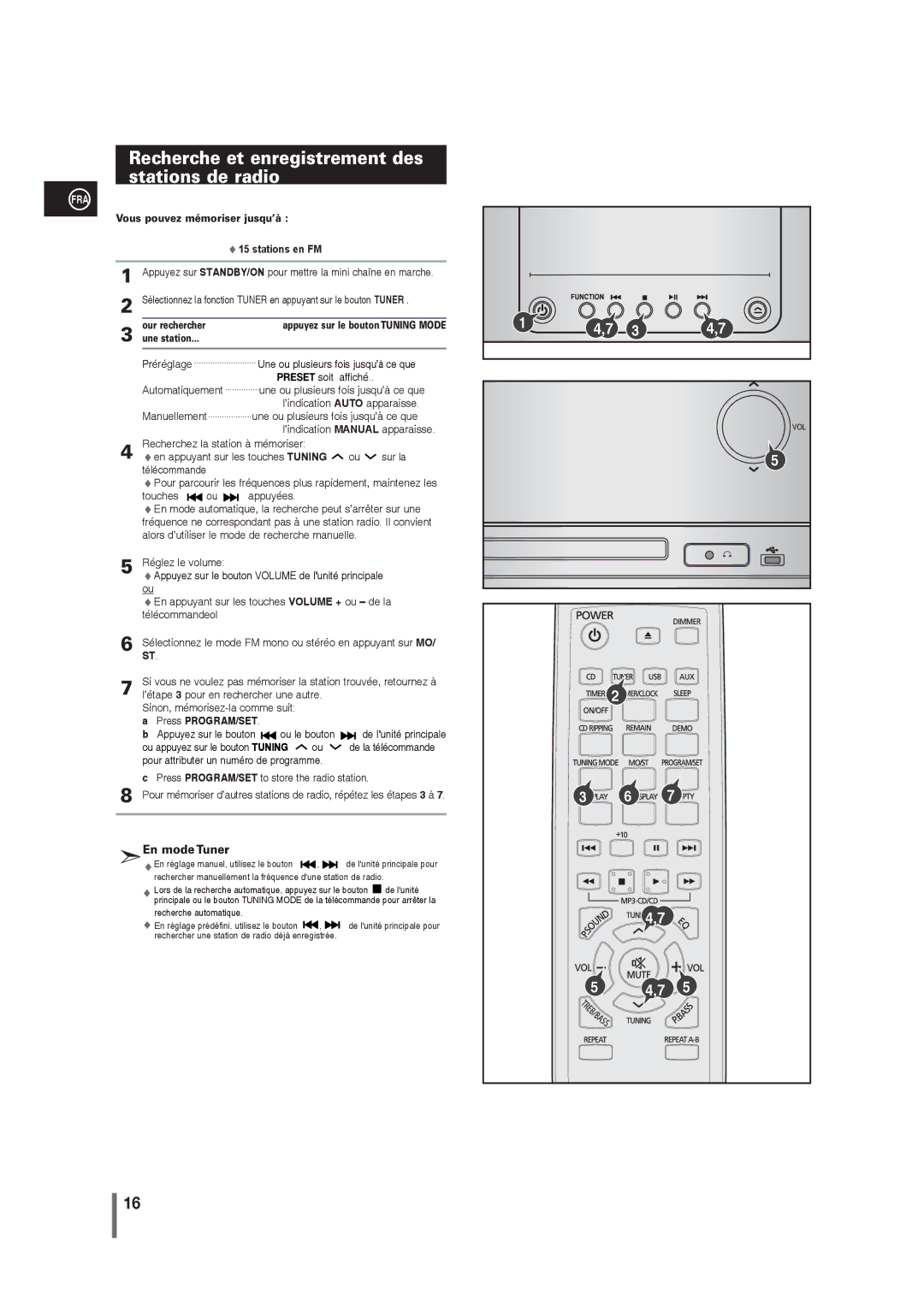 Samsung MM-G25R/XEF manual Recherche et enregistrement des Stations de radio, Vous pouvez mémoriser jusqu’à Stations en FM 