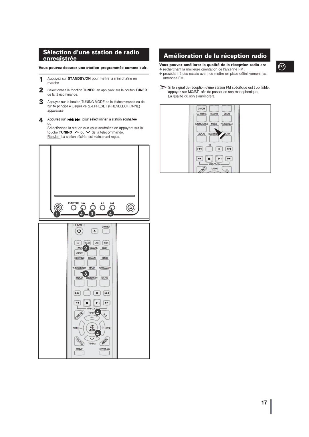 Samsung MM-G25R/XEF manual Sélection d’une station de radio enregistrée, Amélioration de la réception radio 