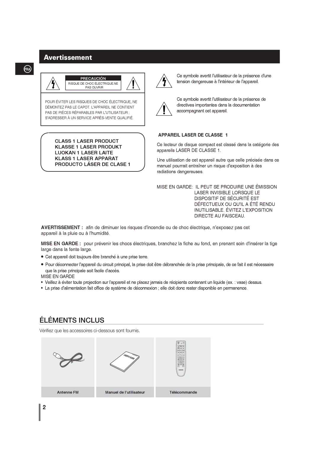 Samsung MM-G25R/XEF manual Avertissement, Antenne FM Manuel de l’utilisateur Télécommande 