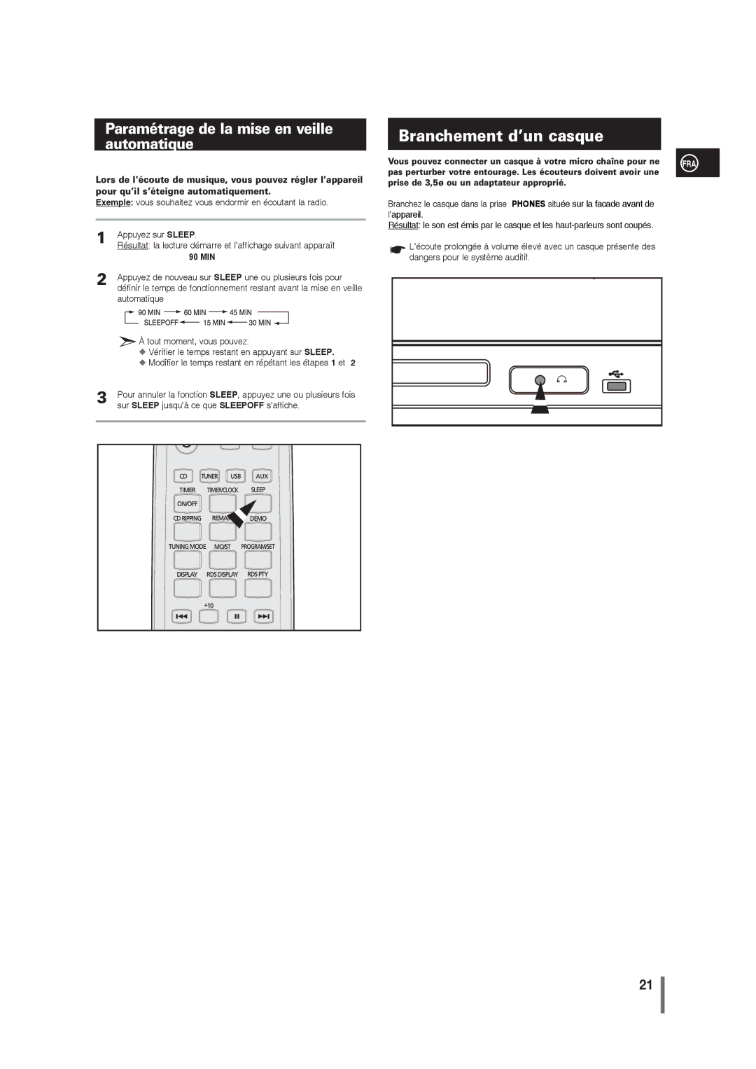 Samsung MM-G25R/XEF manual Branchement d’un casque, Paramétrage de la mise en veille automatique, 90 MIN 