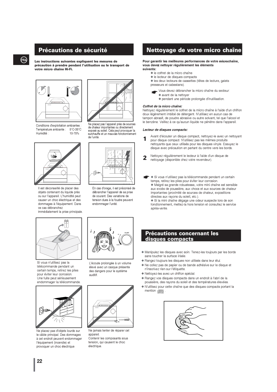 Samsung MM-G25R/XEF Précautions de sécurité, Nettoyage de votre micro chaîne, Précautions concernant les disques compacts 
