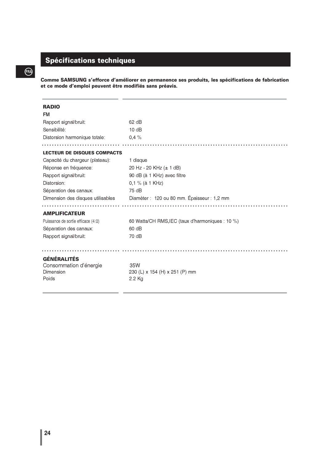 Samsung MM-G25R/XEF manual Spécifications techniques, Radio 