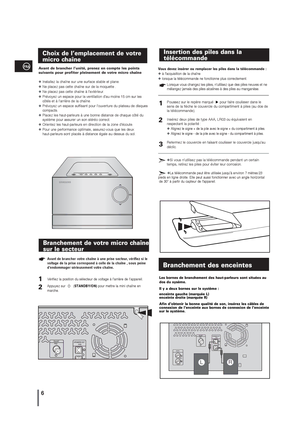 Samsung MM-G25R/XEF manual Branchement des enceintes, Choix de l’emplacement de votre micro chaîne 