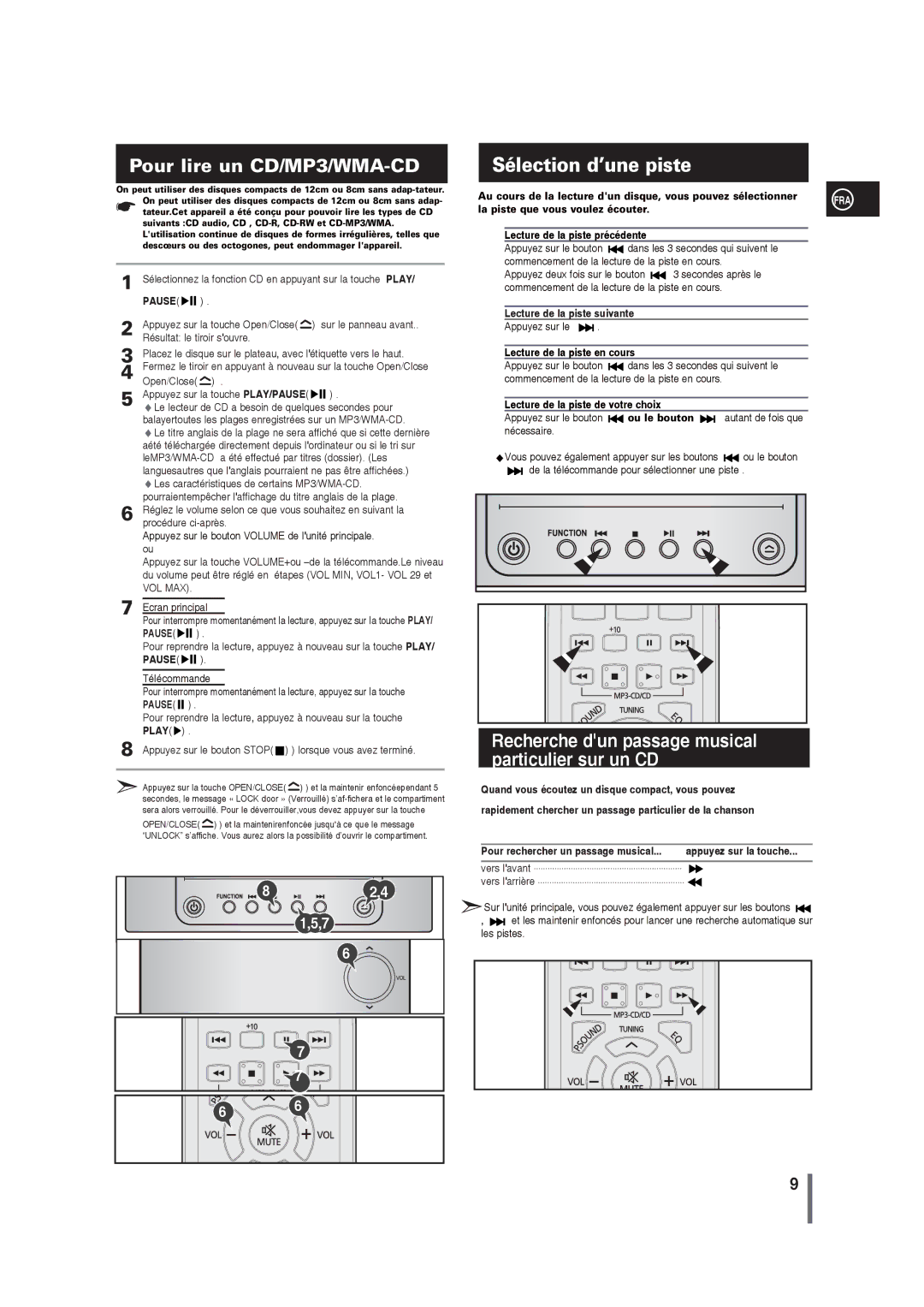 Samsung MM-G25R/XEF manual Sélection d’une piste, Lecture de la piste suivante, Pour rechercher un passage musical 