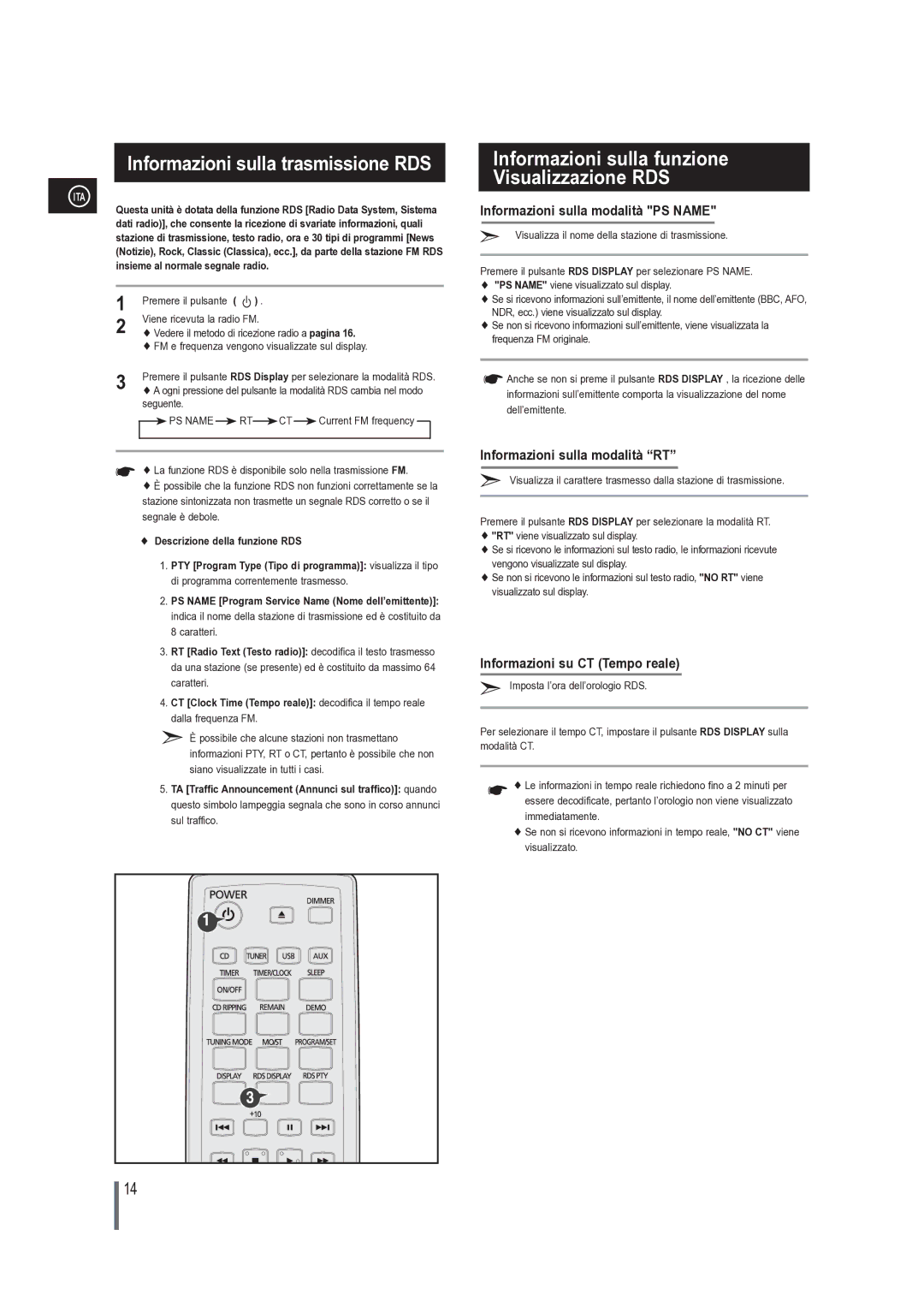 Samsung MM-G25R/XET manual Informazioni sulla trasmissione RDS, Informazioni sulla funzione Visualizzazione RDS 