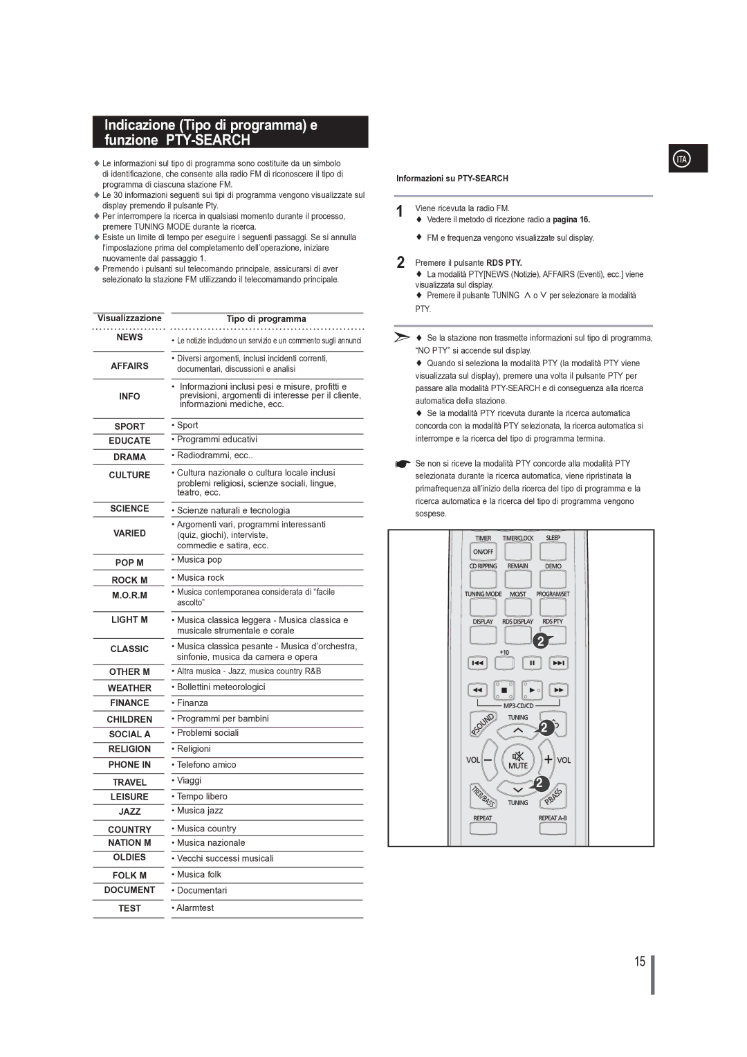 Samsung MM-G25R/XET manual Informazioni su PTY-SEARCH, Visualizzazione, Tipo di programma 