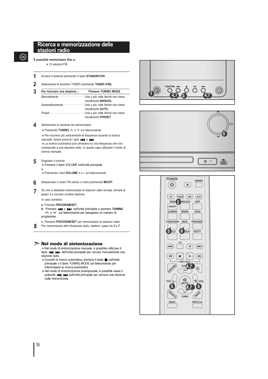 Samsung MM-G25R/XET manual Ricerca e memorizzazione delle, Stazioni radio, Premere Tuning Mode 