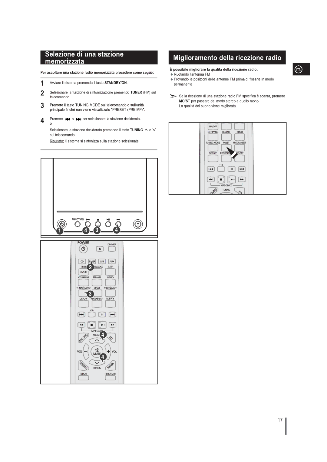 Samsung MM-G25R/XET manual Selezione di una stazione memorizzata, Miglioramento della ricezione radio 