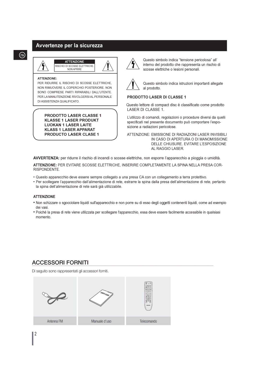 Samsung MM-G25R/XET manual Avvertenze per la sicurezza, ITA Attenzione 