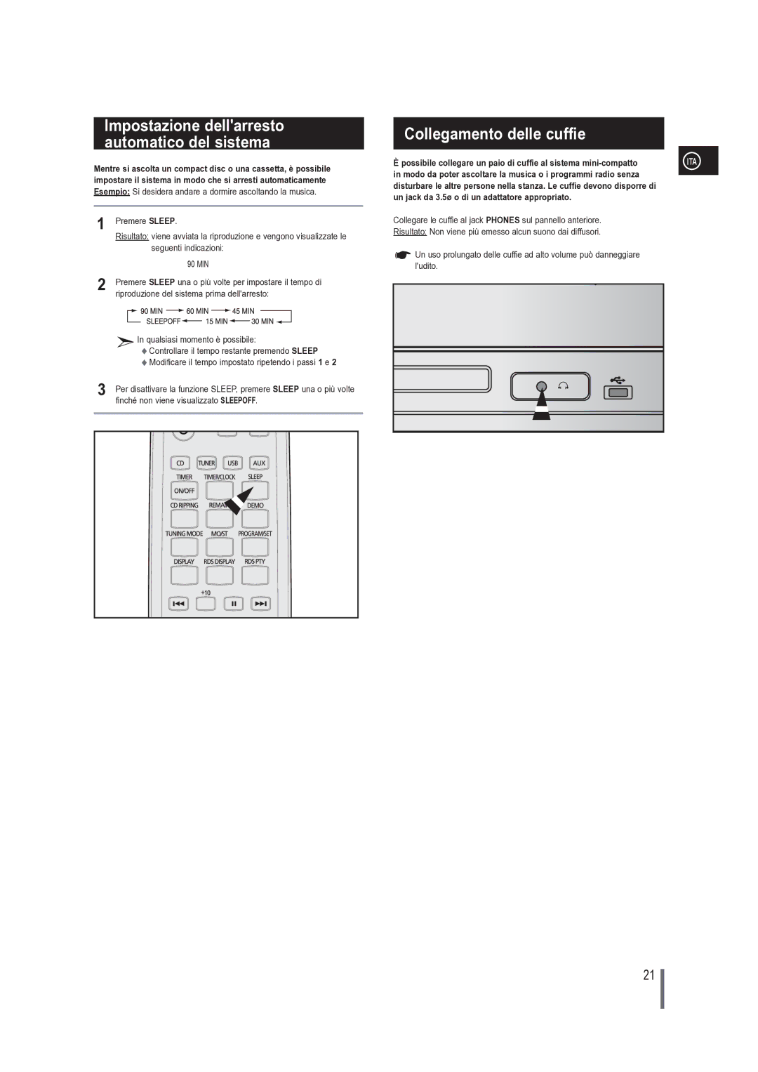 Samsung MM-G25R/XET manual Collegamento delle cuffie, Modo da poter ascoltare la musica o i programmi radio senza 