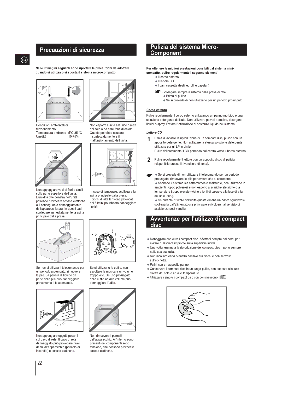 Samsung MM-G25R/XET manual Precauzioni di sicurezza, Pulizia del sistema Micro Component 