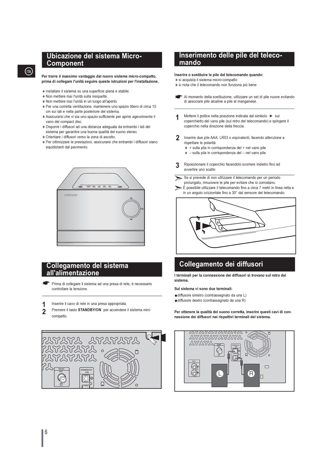 Samsung MM-G25R/XET manual Ubicazione del sistema Micro Component, Collegamento del sistema allalimentazione 