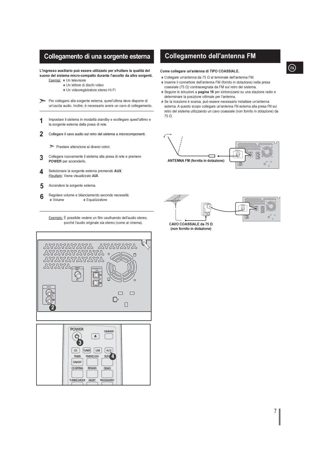 Samsung MM-G25R/XET manual Come collegare unantenna di Tipo Coassiale, Volume Equalizzatore, 75 Ω 