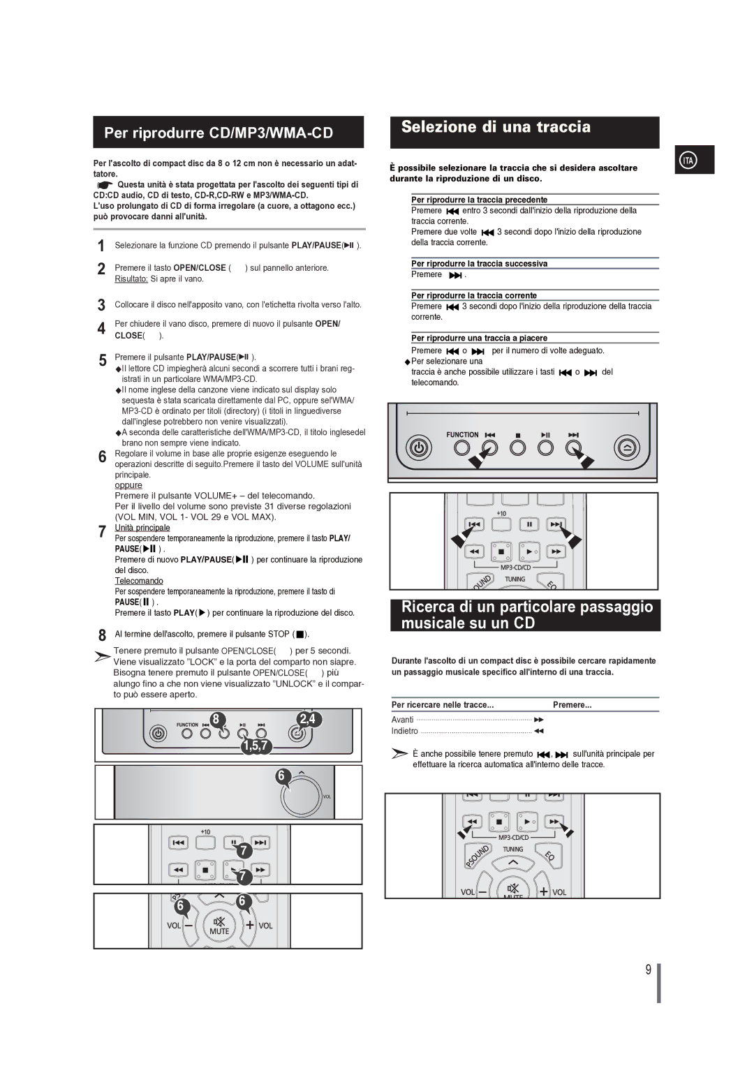 Samsung MM-G25R/XET manual Ricerca di un particolare passaggio musicale su un CD, Per ricercare nelle tracce 