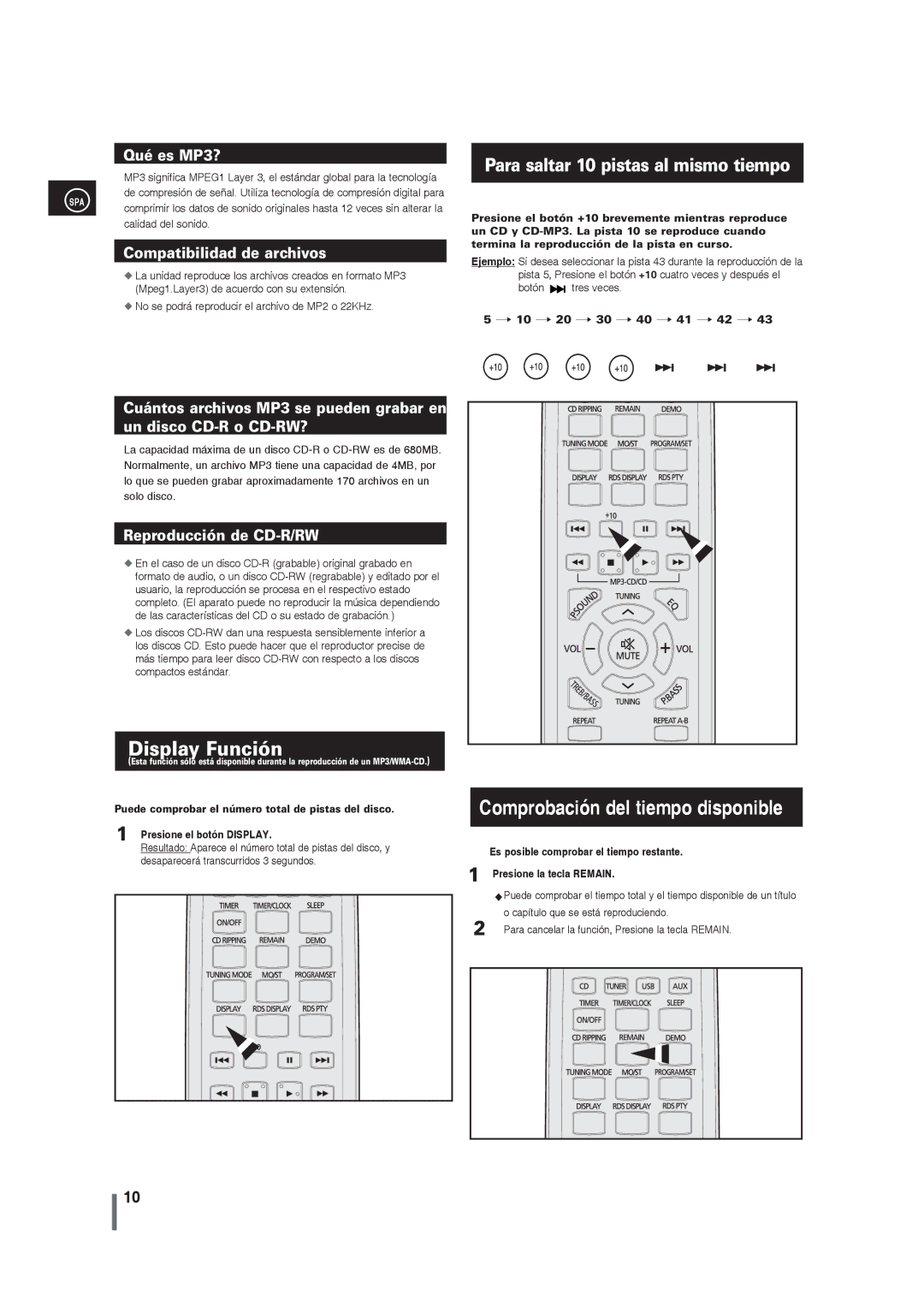 Samsung MM-G25R/XET manual Display Función, Comprobación del tiempo disponible, Para saltar 10 pistas al mismo tiempo 