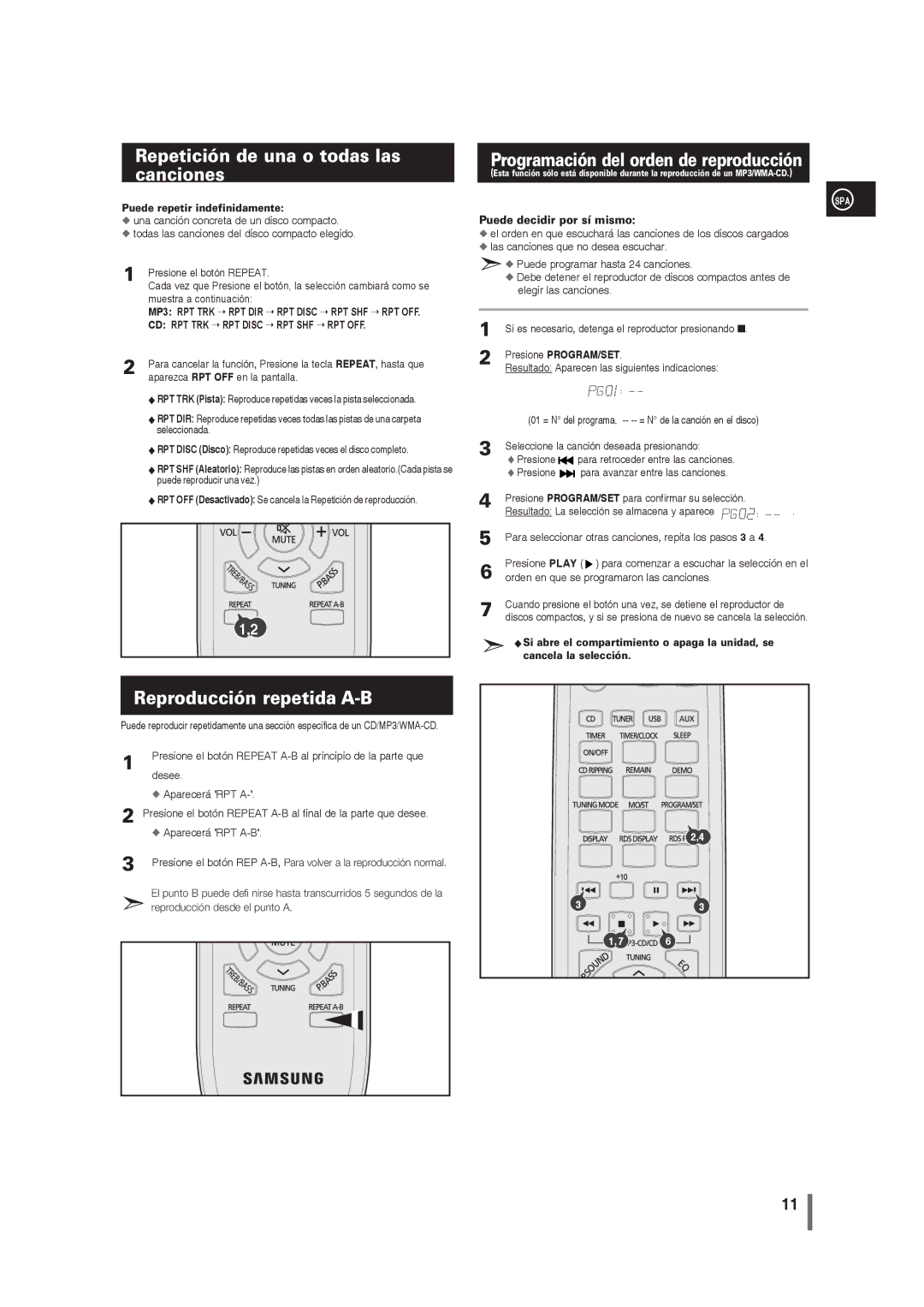 Samsung MM-G25R/XET manual Repetición de una o todas las canciones, Programación del orden de reproducción 