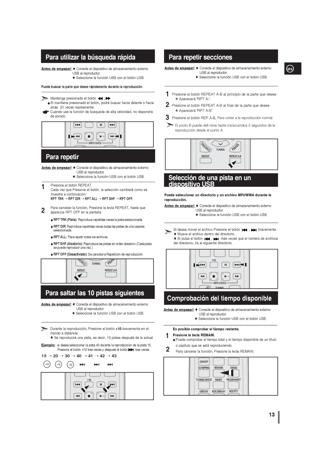 Samsung MM-G25R/XET manual Para utilizar la búsqueda rápida, Para repetir secciones, Para saltar las 10 pistas siguientes 