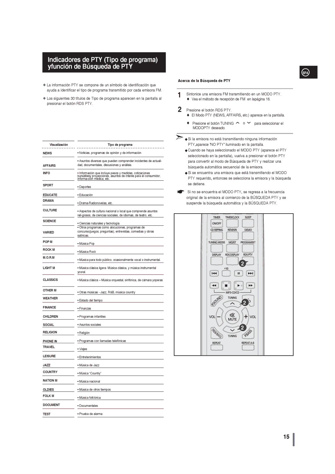 Samsung MM-G25R/XET manual Acerca de la Búsqueda de PTY, Vea el método de recepción de FM en lapágina 