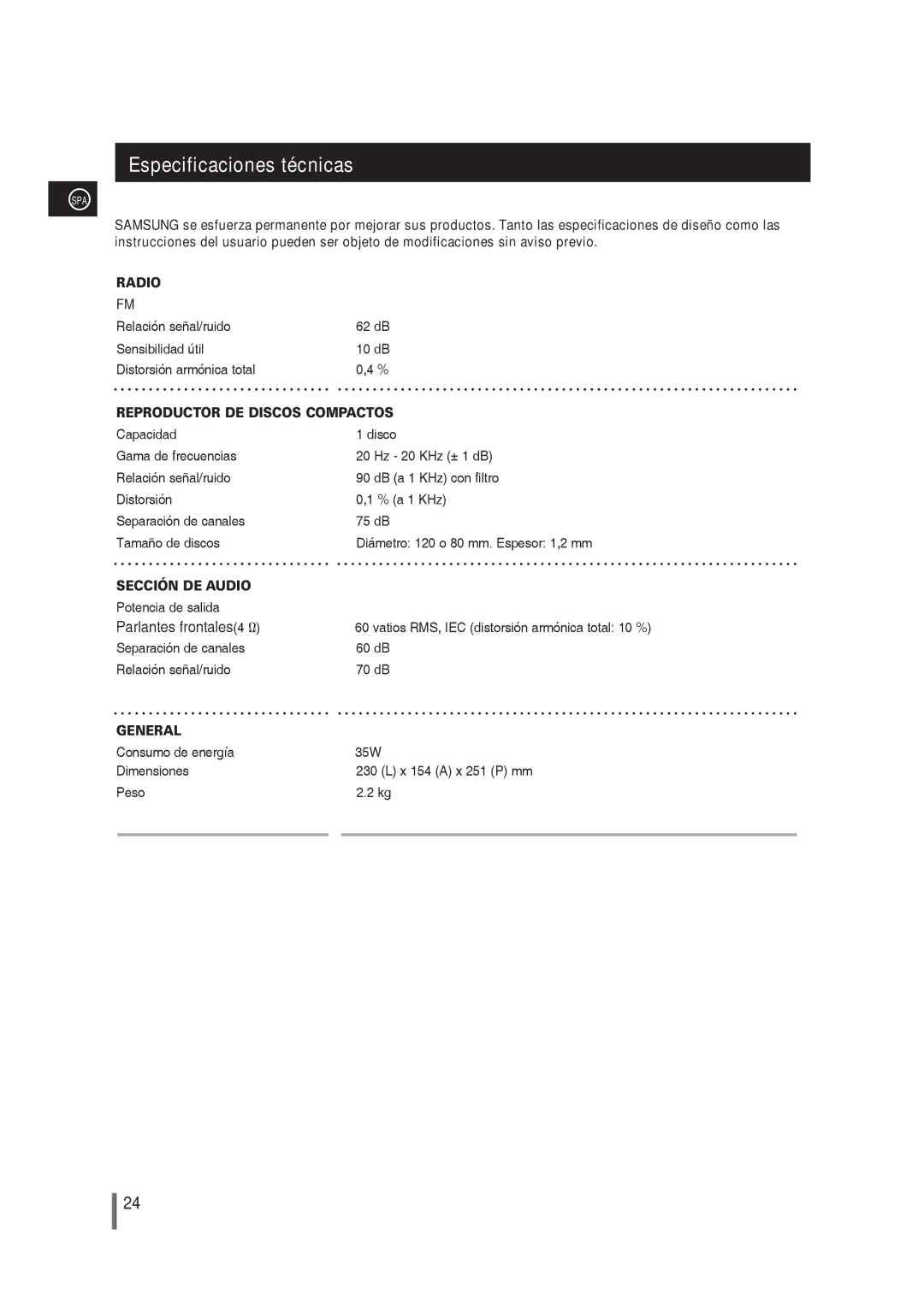 Samsung MM-G25R/XET manual Especificaciones técnicas, Reproductor DE Discos Compactos 