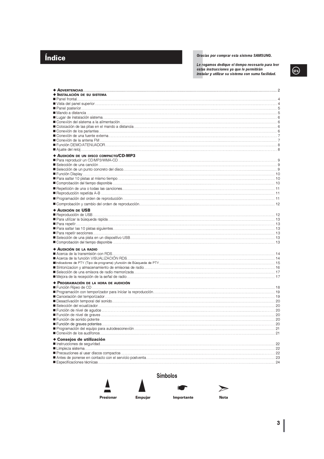 Samsung MM-G25R/XET manual Índice, Spa 