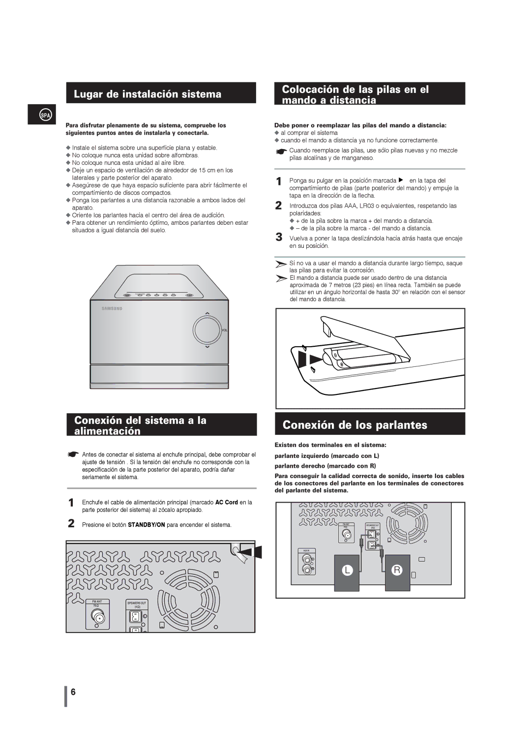 Samsung MM-G25R/XET manual Conexión de los parlantes, Lugar de instalación sistema, Conexión del sistema a la alimentación 