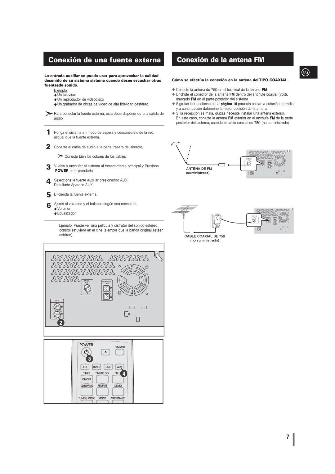 Samsung MM-G25R/XET Conexión de una fuente externa Conexión de la antena FM, Power para prenderlo, ResultadoAparece AUX 