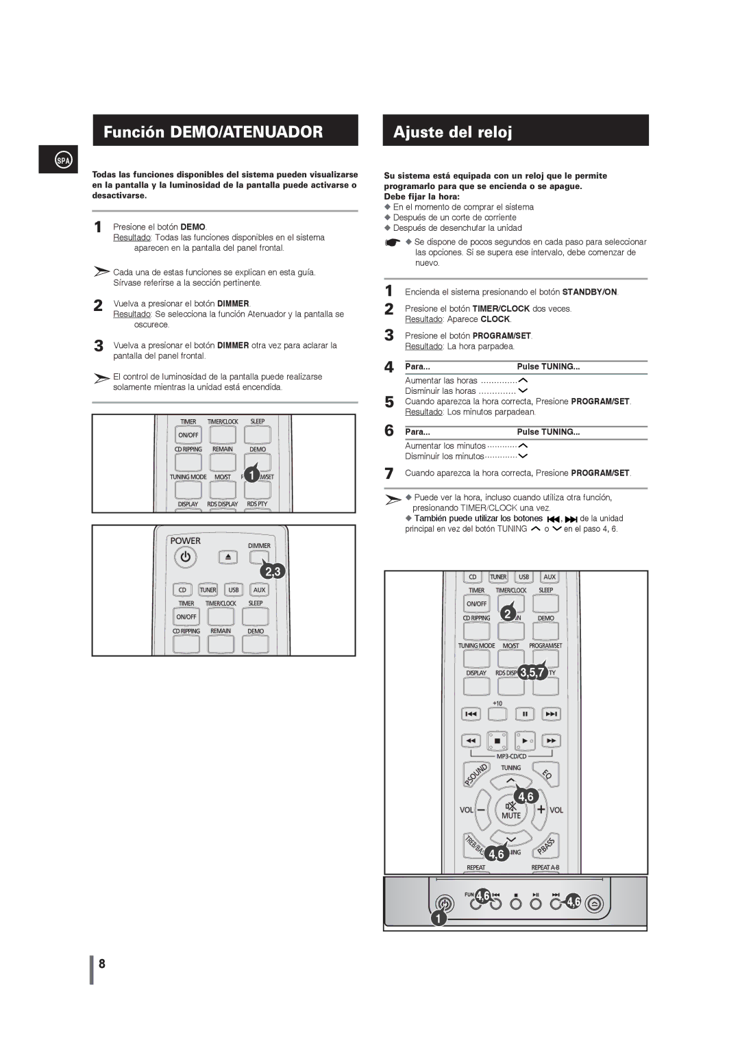 Samsung MM-G25R/XET manual Función DEMO/ATENUADOR Ajuste del reloj, Para 