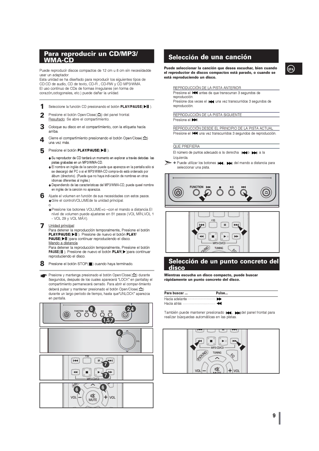 Samsung MM-G25R/XET manual Selección de una canción, Para reproducir un CD/MP3, Selección de un punto concreto del disco 