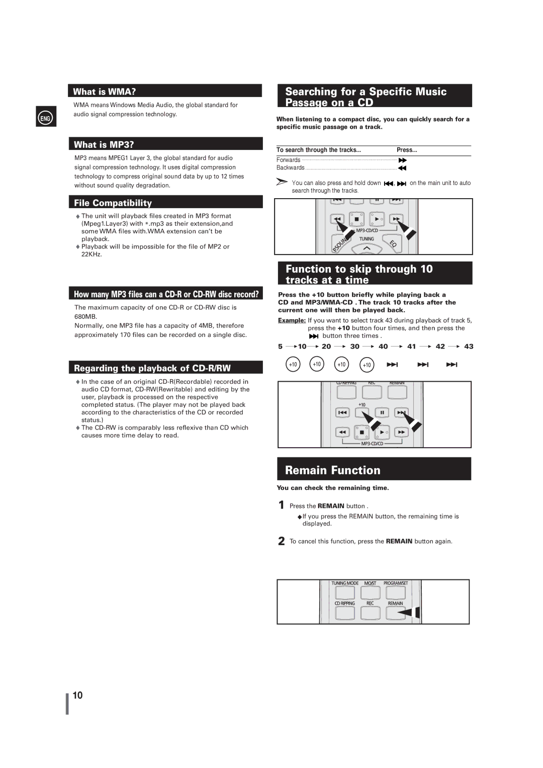 Samsung MM-G25T/XSA Remain Function, Searching for a Specific Music Passage on a CD, You can check the remaining time 