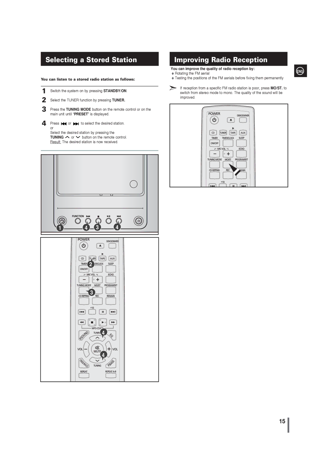 Samsung MM-G25T/XSA manual Selecting a Stored Station, Improving Radio Reception 