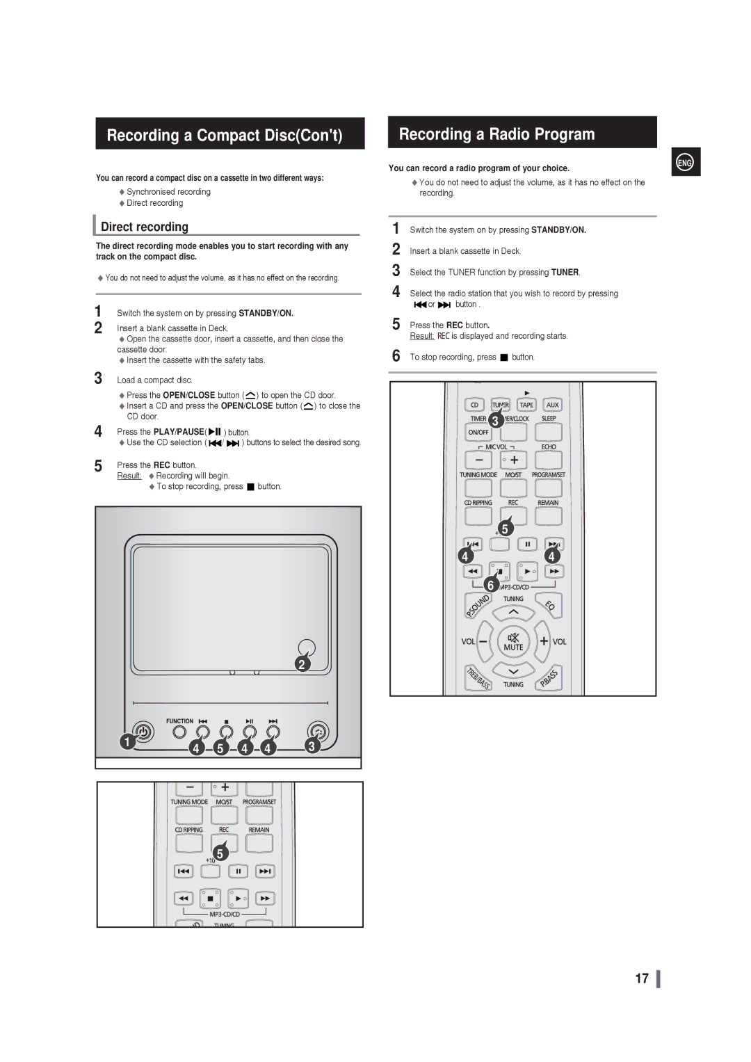 Samsung MM-G25T/XSA manual Recording a Compact DiscCont, You can record a radio program of your choice 