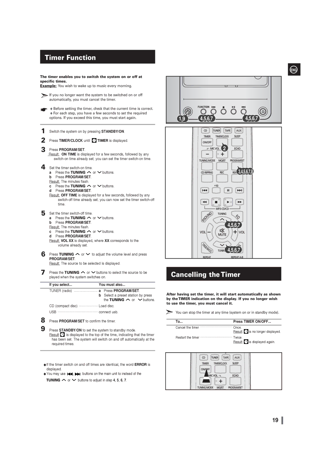 Samsung MM-G25T/XSA manual Timer Function, Cancelling the Timer, If you select You must also, Tuning, Press Timer ON/OFF 