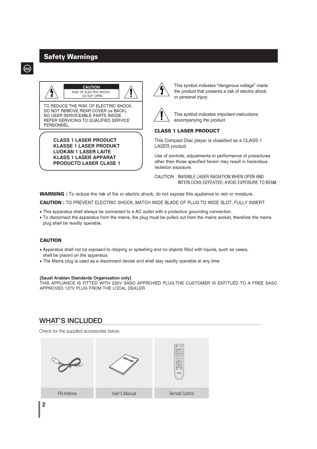 Samsung MM-G25T/XSA manual Safety Warnings, Producto Laser Clase 