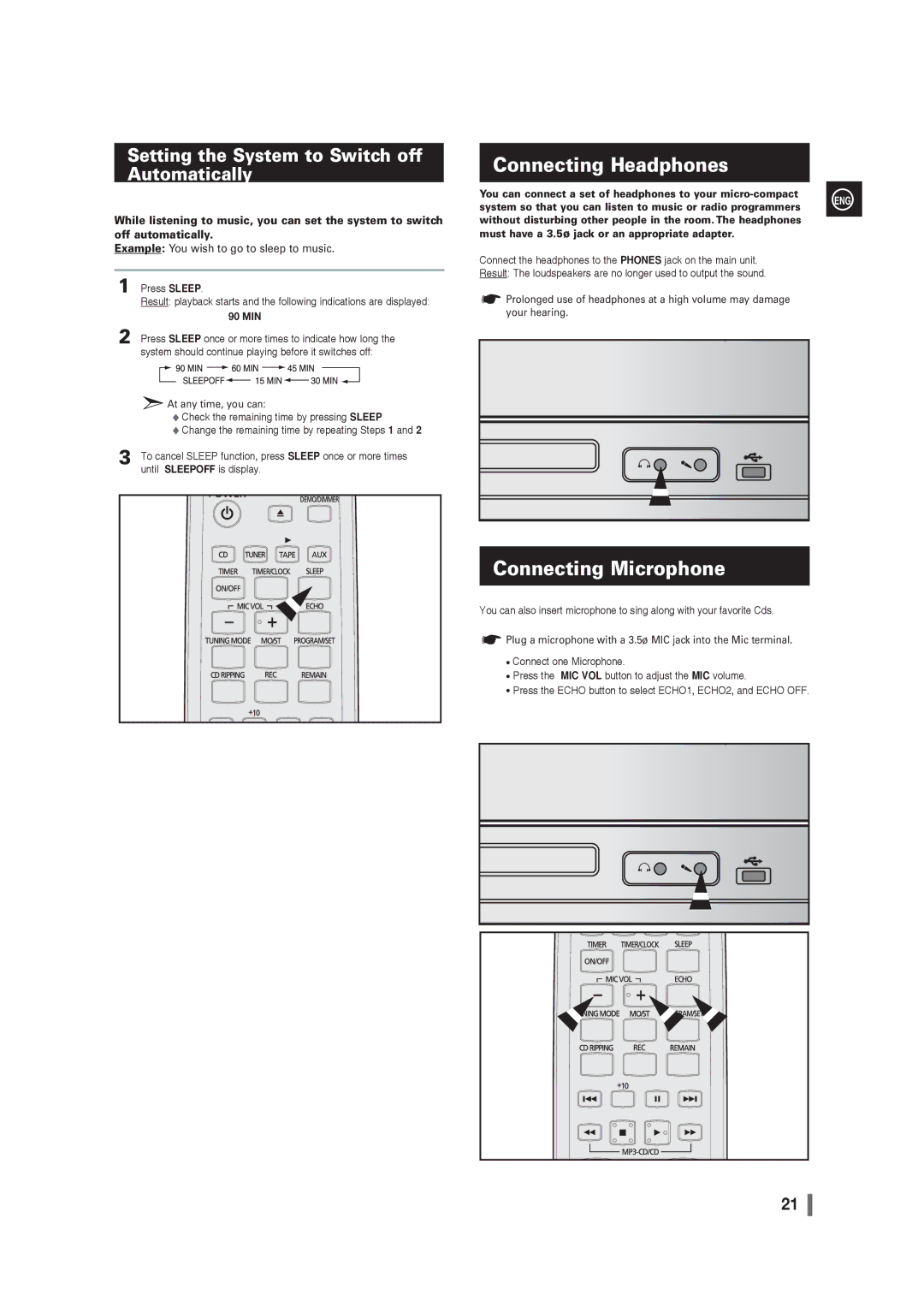 Samsung MM-G25T/XSA manual Connecting Headphones, Connecting Microphone, Setting the System to Switch off Automatically 