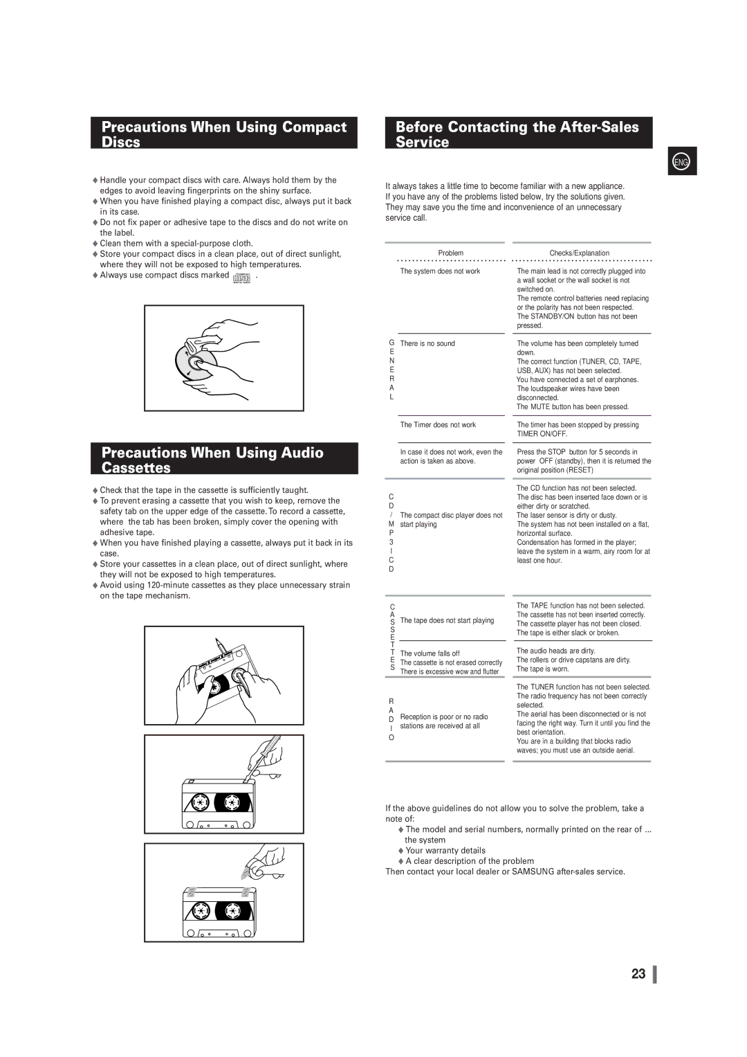 Samsung MM-G25T/XSA manual Precautions When Using Compact Discs, Before Contacting the After-Sales Service 