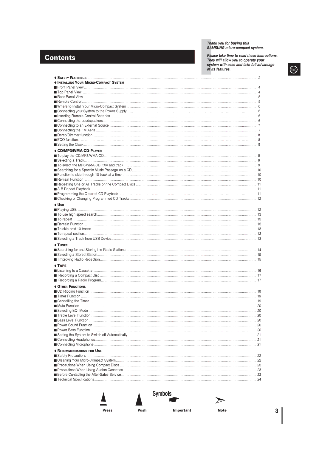 Samsung MM-G25T/XSA manual Contents 