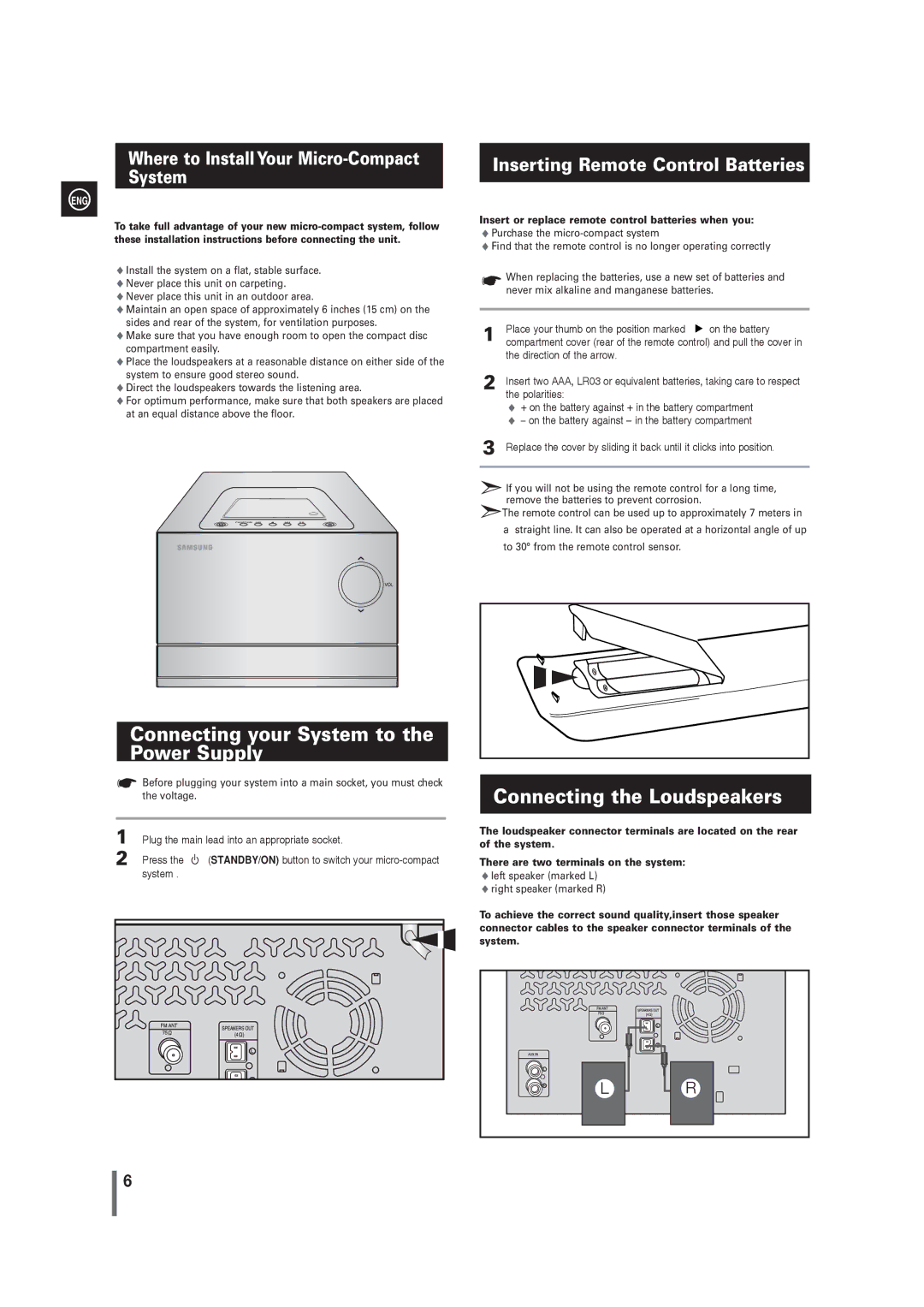 Samsung MM-G25T/XSA manual Connecting your System to the Power Supply, Connecting the Loudspeakers 