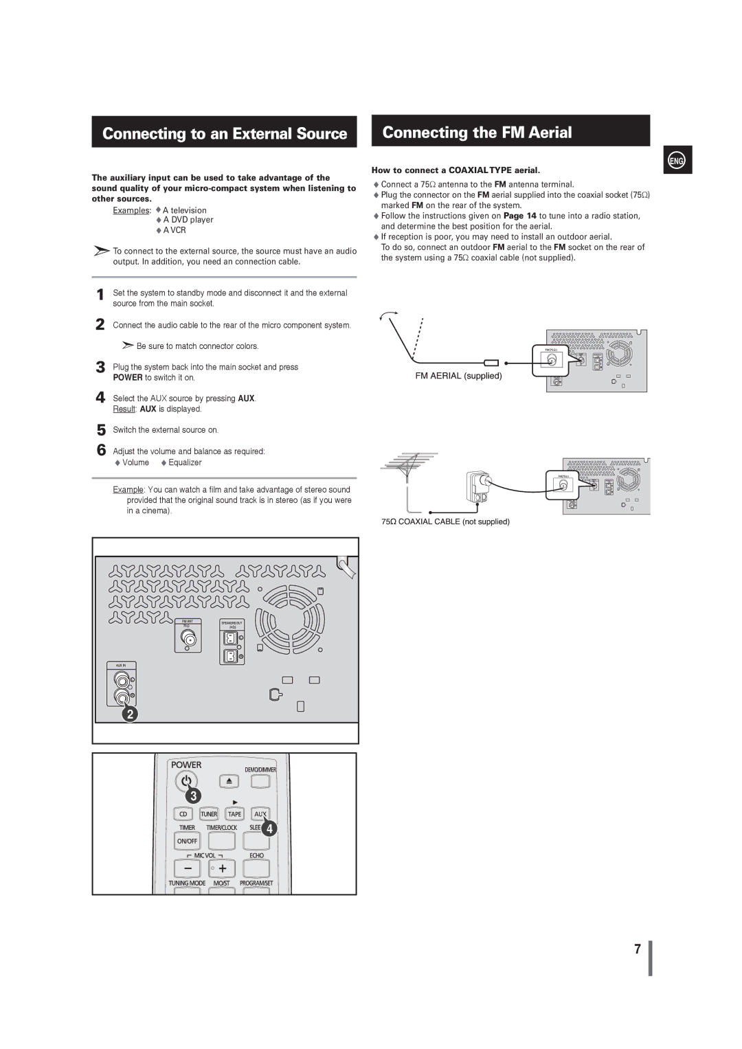 Samsung MM-G25T/XSA manual Connecting to an External Source Connecting the FM Aerial, How to connect a Coaxial Type aerial 