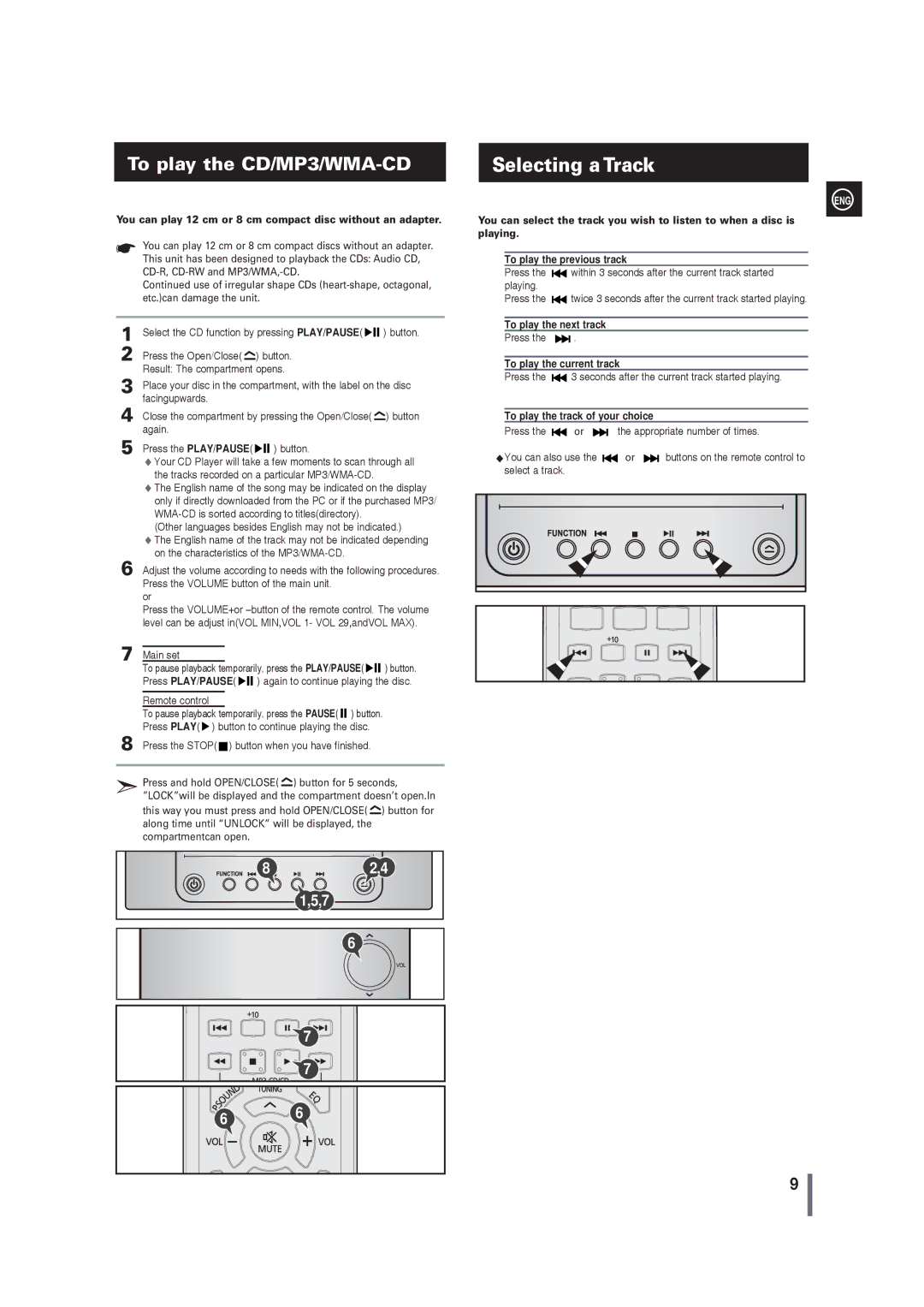 Samsung MM-G25T/XSA manual Selecting a Track, To play the CD/MP3/WMA-CD, To play the next track, To play the current track 