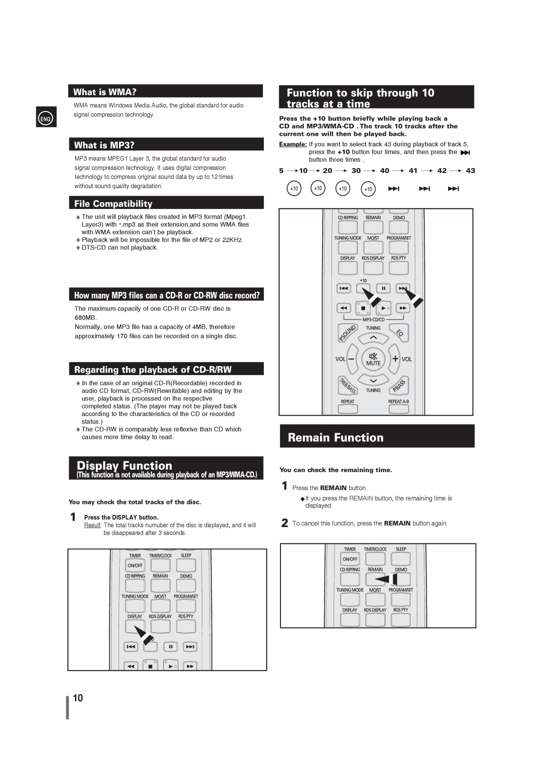 Samsung MM-G35 user manual Display Function, Remain Function, Function to skip through, Tracks at a time 