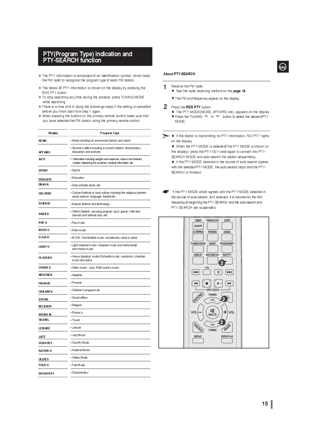 Samsung MM-G35 user manual PTYProgram Type indication and PTY-SEARCH function, About PTY-SEARCH 