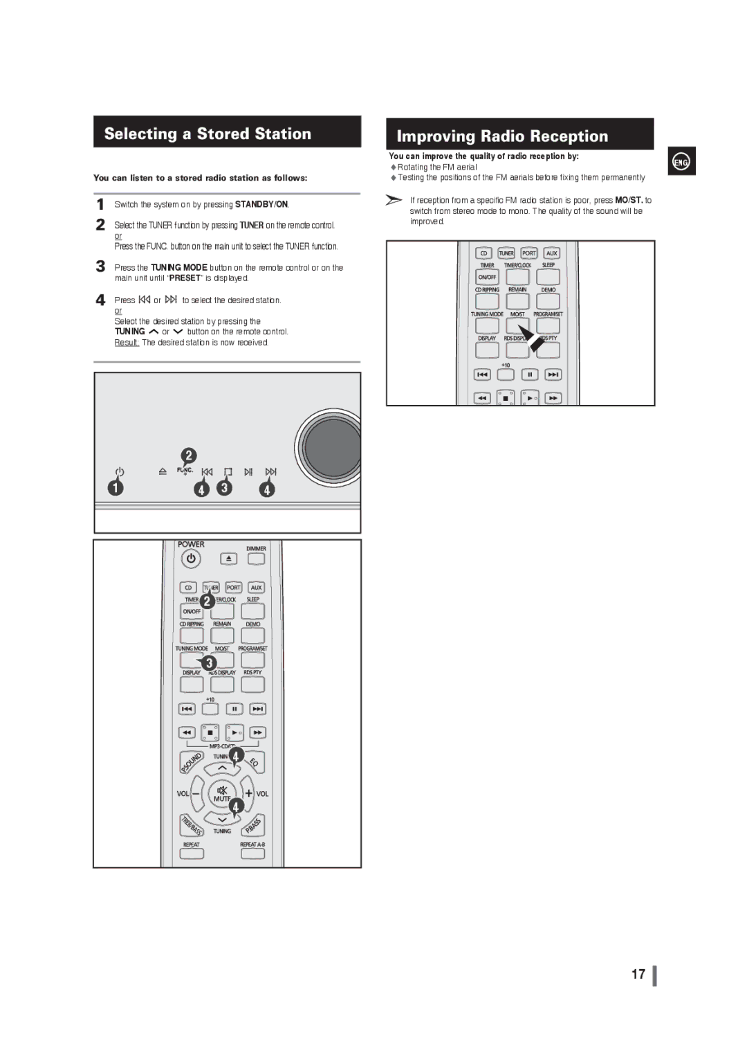 Samsung MM-G35 Selecting a Stored Station, Improving Radio Reception, You can listen to a stored radio station as follows 