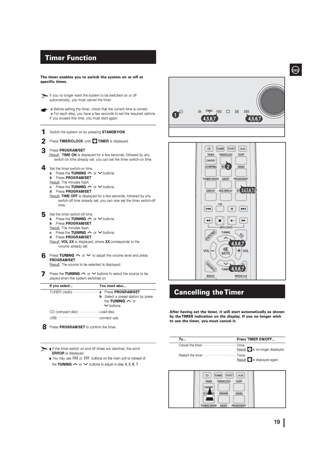 Samsung MM-G35 user manual Timer Function, Cancelling the Timer, If you select You must also, Tuning 