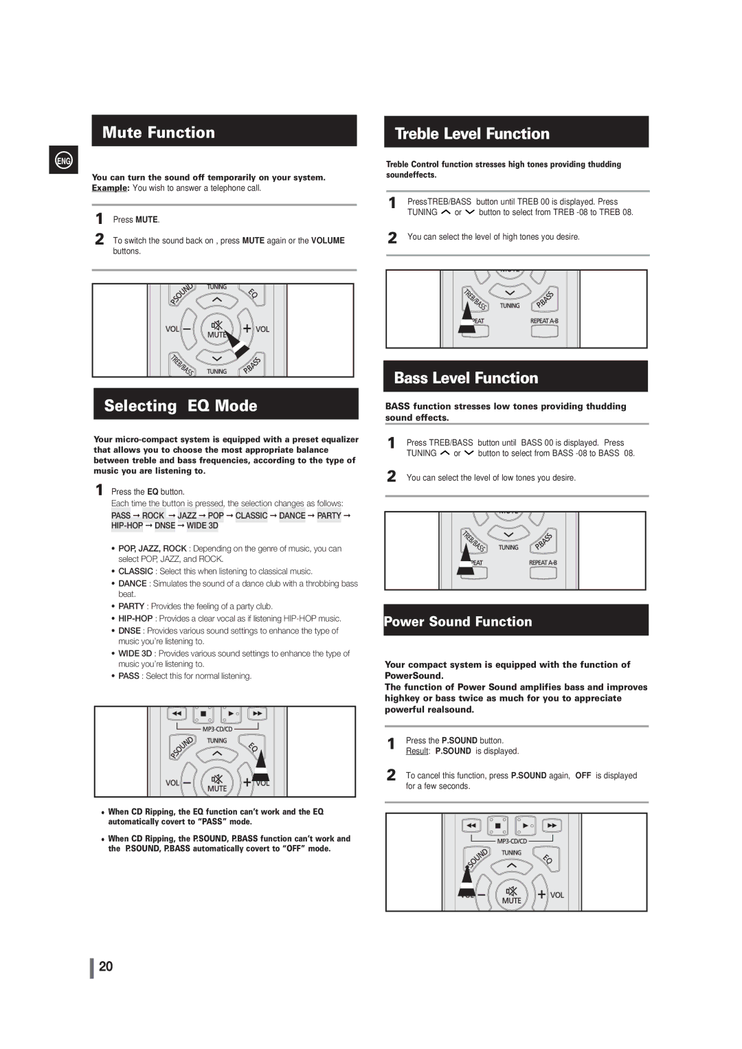 Samsung MM-G35 user manual Mute Function, Selecting EQ Mode, Treble Level Function, Bass Level Function 