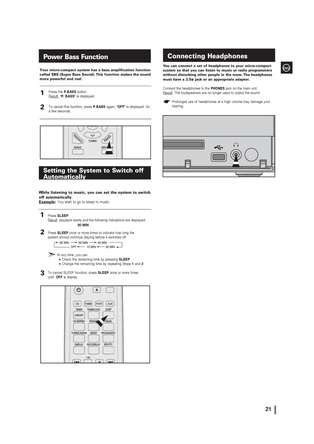 Samsung MM-G35 Power Bass Function, Connecting Headphones, Setting the System to Switch off Automatically, Hearing 